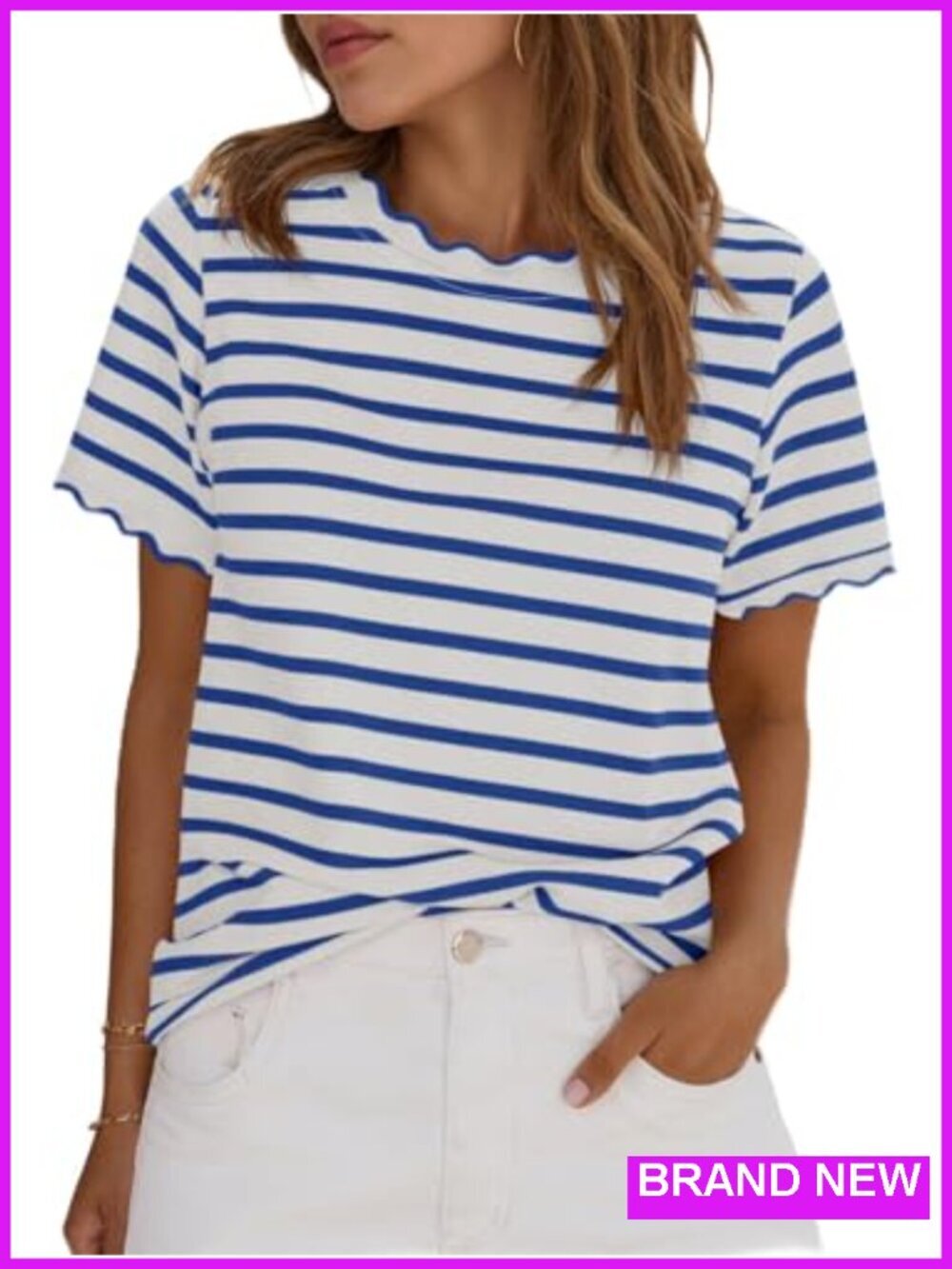 Striped Scallop Trim Crew Neck Short Sleeve T-Shirt - Loose Fit